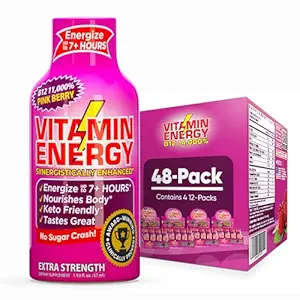 Vitamin Energi B12 11.000% Ekstra styrke Energi Shot Pink Berry 48 Pack, 260mg Naturlig Koffein, B12 & B6, Nootropt Focus, Vitality, Zero Sugar, Gluten- Free, Vegan, Kosher, 1.93 fl oz