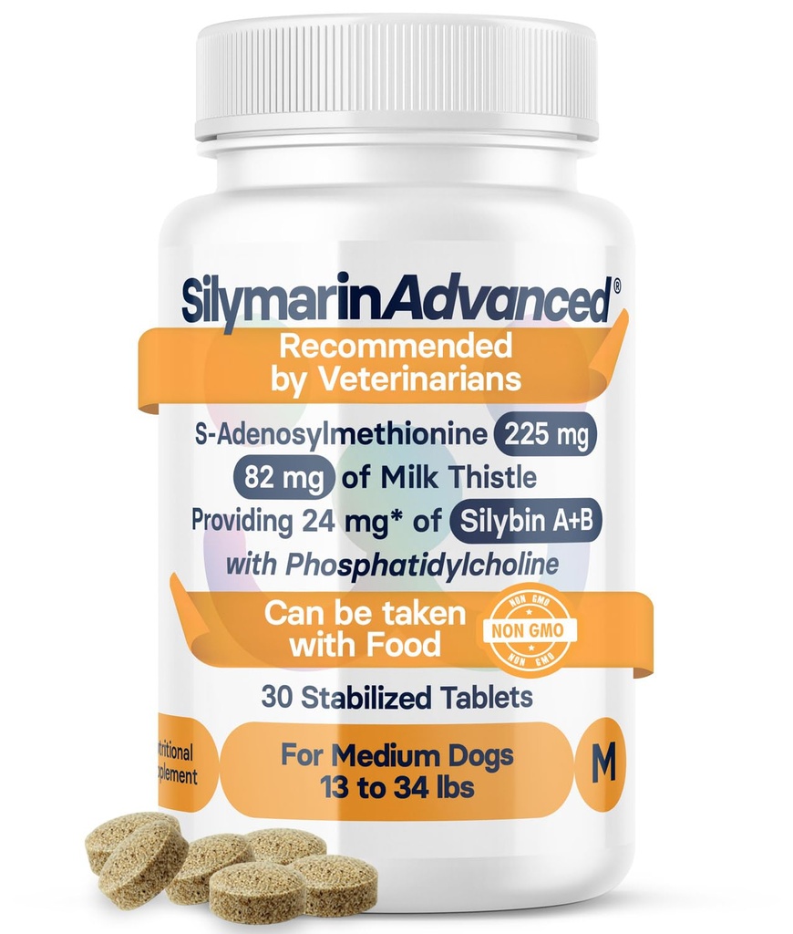 Levertilskud til mellemstore hunde - Mælketidsel til hunde Leverstøtte med S- Adenosylmethionin (samme) & Silybin - 30 tabletter