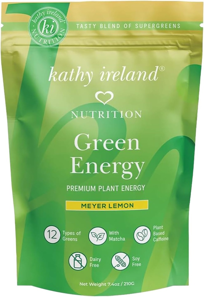 Kathy Irland Super Greens Energy Powder, Clean Energy Drink Mix med Matcha & Green Tea, Immun & fordøjelsestilskud, Ingen tilsat sukker, Meyer Lemon Flavor, 7.4 oz