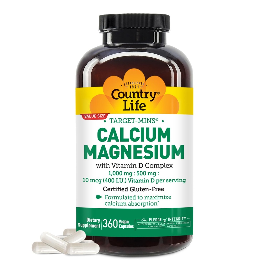 Country Life Target- Mins Calcium Magnesium med vitamin D- Complex, 1000mg / 500mg / 10mcg, 360 Vegan kapsler, Certified Gluten Free, Certified Vegan, Verified Non- GMO verified...
