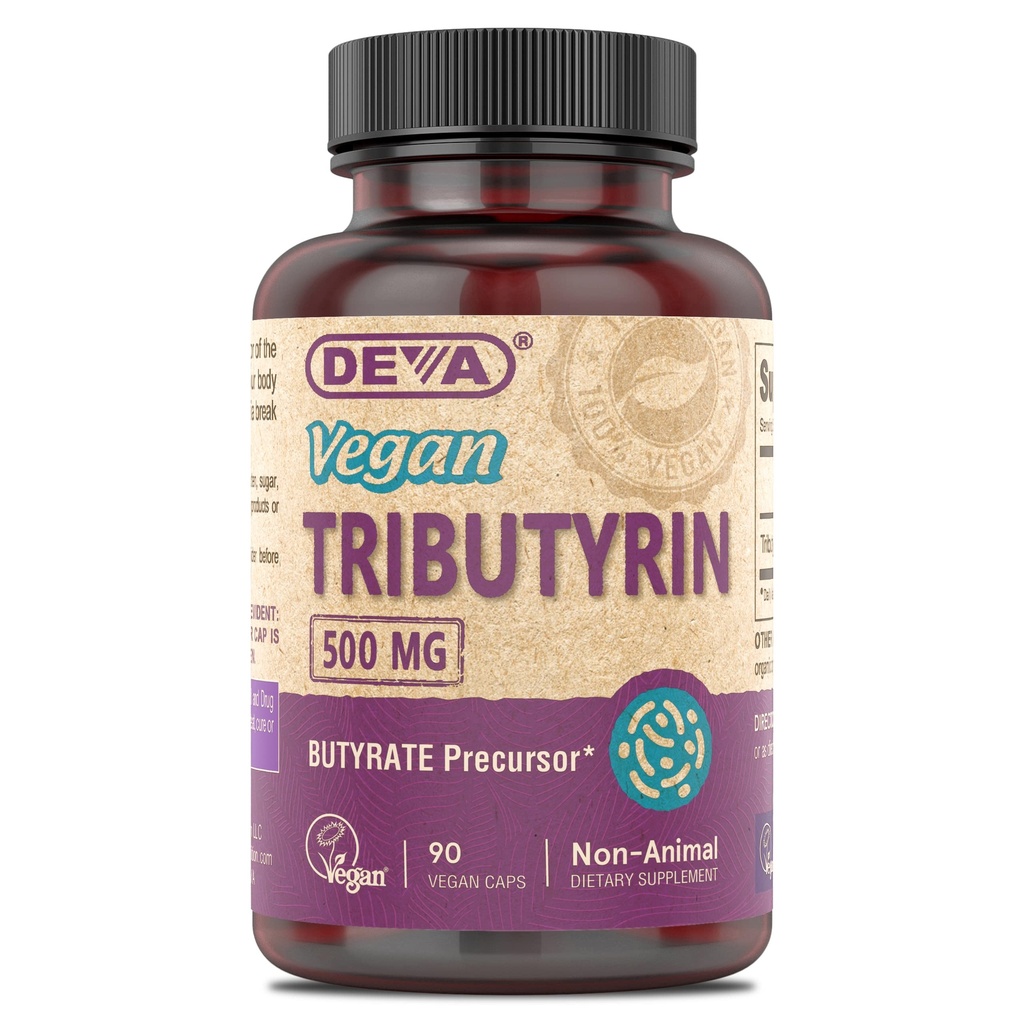 DEVA Vegan Tributyrin Supplement - Butyrate Precursor, Gut Barrier Support, Butyric Acid, 500 MG Vegan Kapsler, Leaky Gut Support, Fordøjelse, 90 Greve