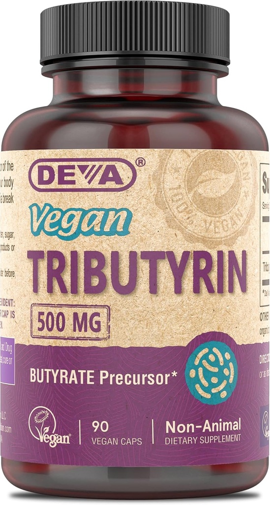 DEVA Vegan Tributyrin Supplement - Butyrate Precursor, Gut Barrier Support, Butyric Acid, 500 MG Vegan Kapsler, Leaky Gut Support, Fordøjelse, 90 Greve