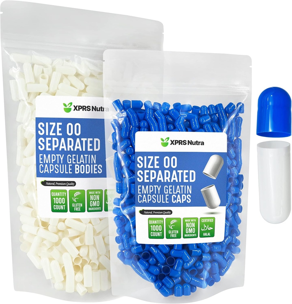 XPRS Nutra Separated Kapsler Størrelse 00- 1000 Tomme Gelatine Kapsler Separeret i poser - Premium Tomme 00 Piller til DIY Supplement Filling (blå / hvid)