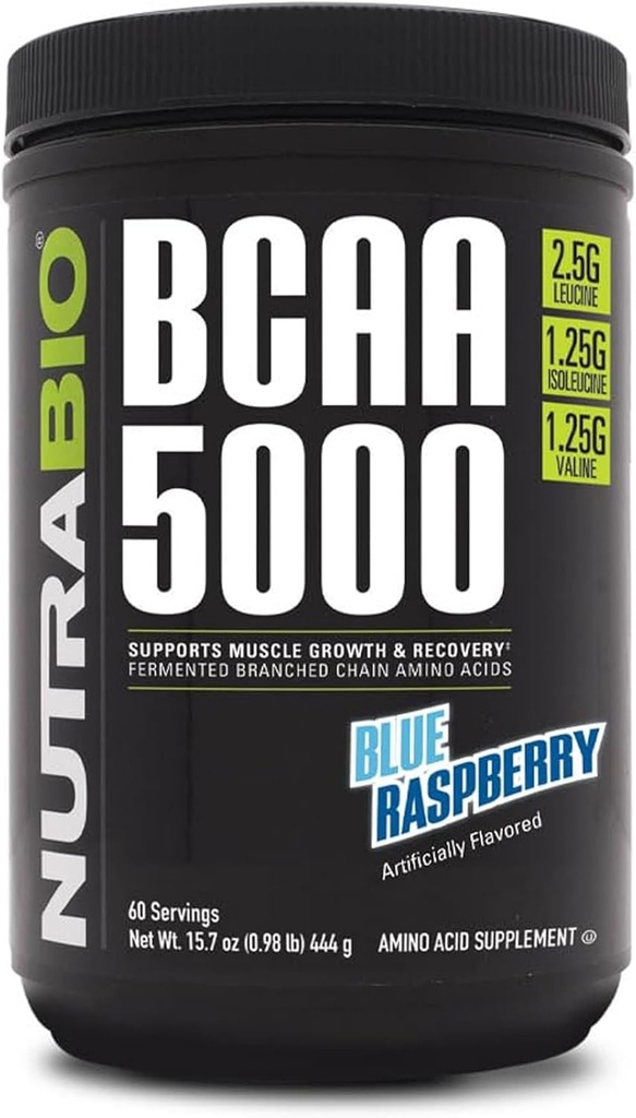 NutraBio BCAA 5000 Powder - Vegansk Gæret BCAA - Understøtter Lean Muscle Growth, Inddrivelse, Endurance - 60 Servering - Blå Hindbær