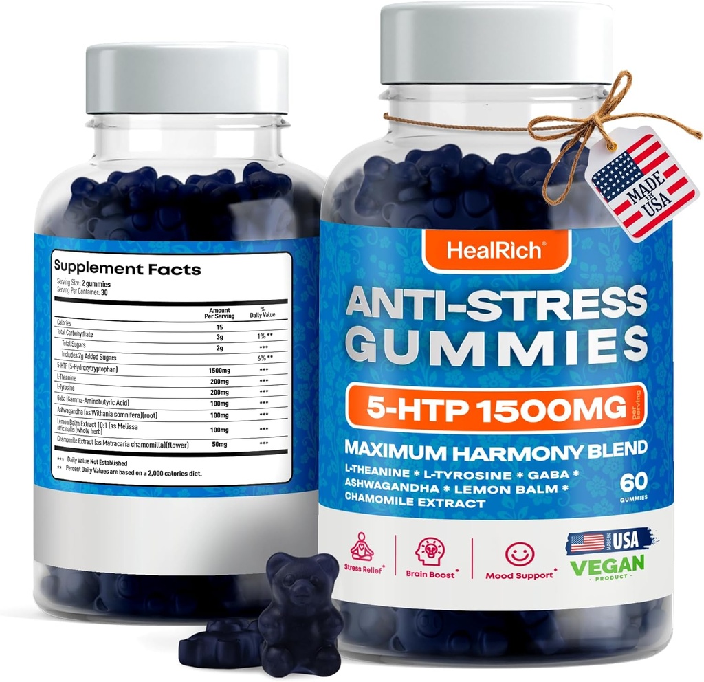 Stress Relief Gummies - 1500MG 5htp med L- Theanine Gaba & L- Tyrosine - Ashwagandha Herbal Supplement understøtter intellektuel alerness Vegan Brain Mood Boost Kosttilskud til børn og voksne lavet i USA
