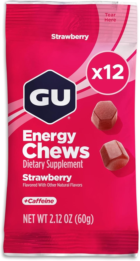 GU Energy Chews, Strawberry Energy Gummies med Electrolytes, Vegan, Gluten- Free, Kosher, 20 mg koffein, og Dairy- Free On- the- Go Energy for any workout, 12 poser (24 Servere i alt)