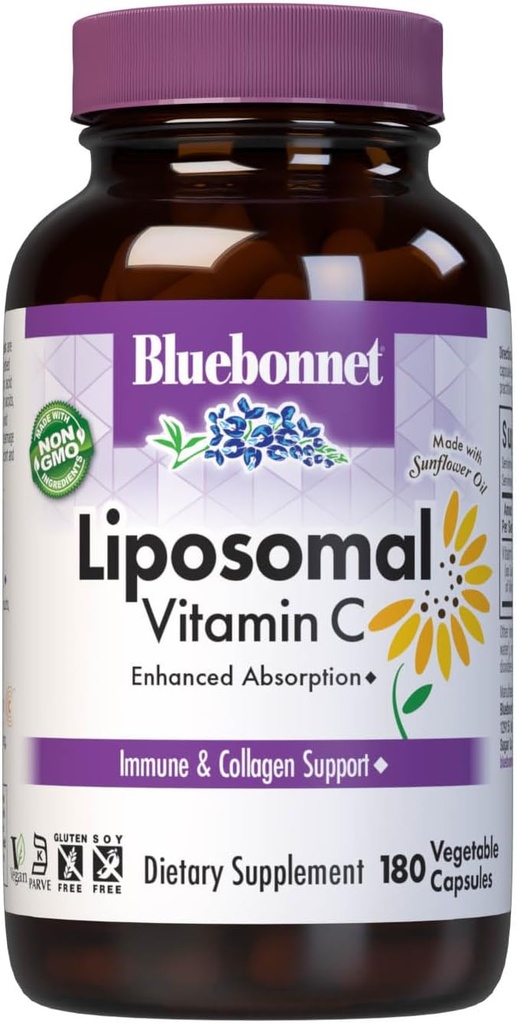 BlueBonnet Nutrition Liposomal Vitamin C 1000 mg, Lavet med Solsikke Olie, Immun & Joint Comfort *, Vegan, Kosher, Non- GMO, Gluten- Free, Soy- Free Mælkefri, 180 Vegetabilske kapsler, 90 Servering