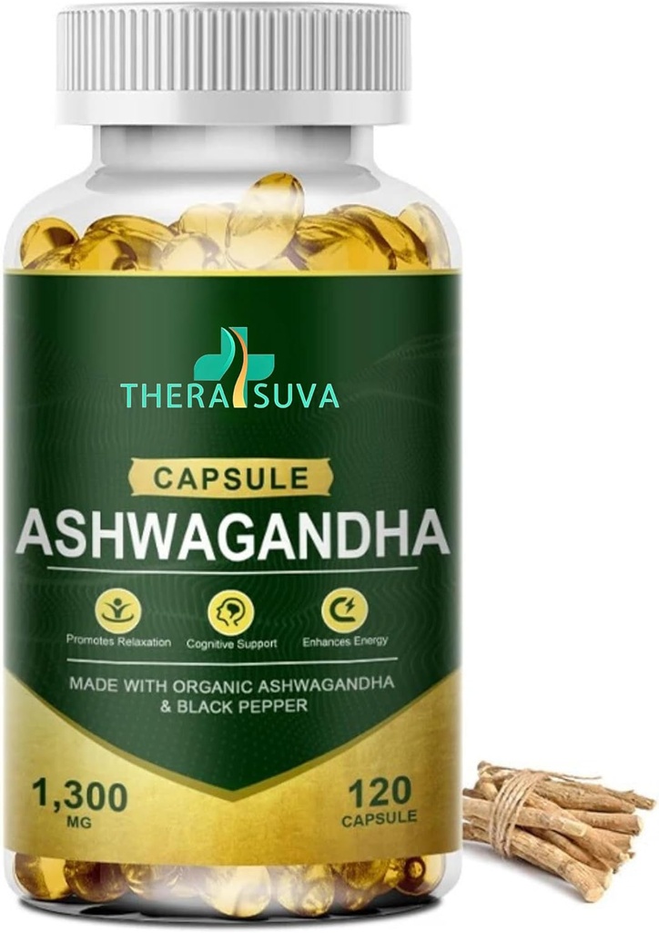 Organic Ashwagandha + Black Pepper, All Natural High Potency Supplement for Stress Relief og Vitality 120 Softgels, 60- Day Supply