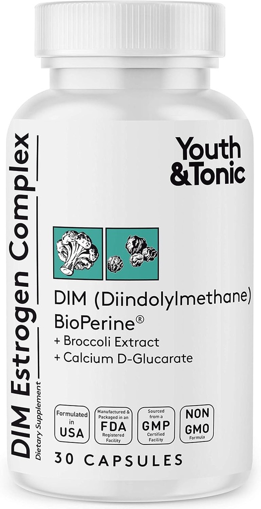 Youth & Tonic DIM BioPerine til østrogen Metabolisme Support 124; Kvinder og mænd Hormone Balance med Excess Østrogen Blocker 124; Diindolylmethan Supplement - 30 piller