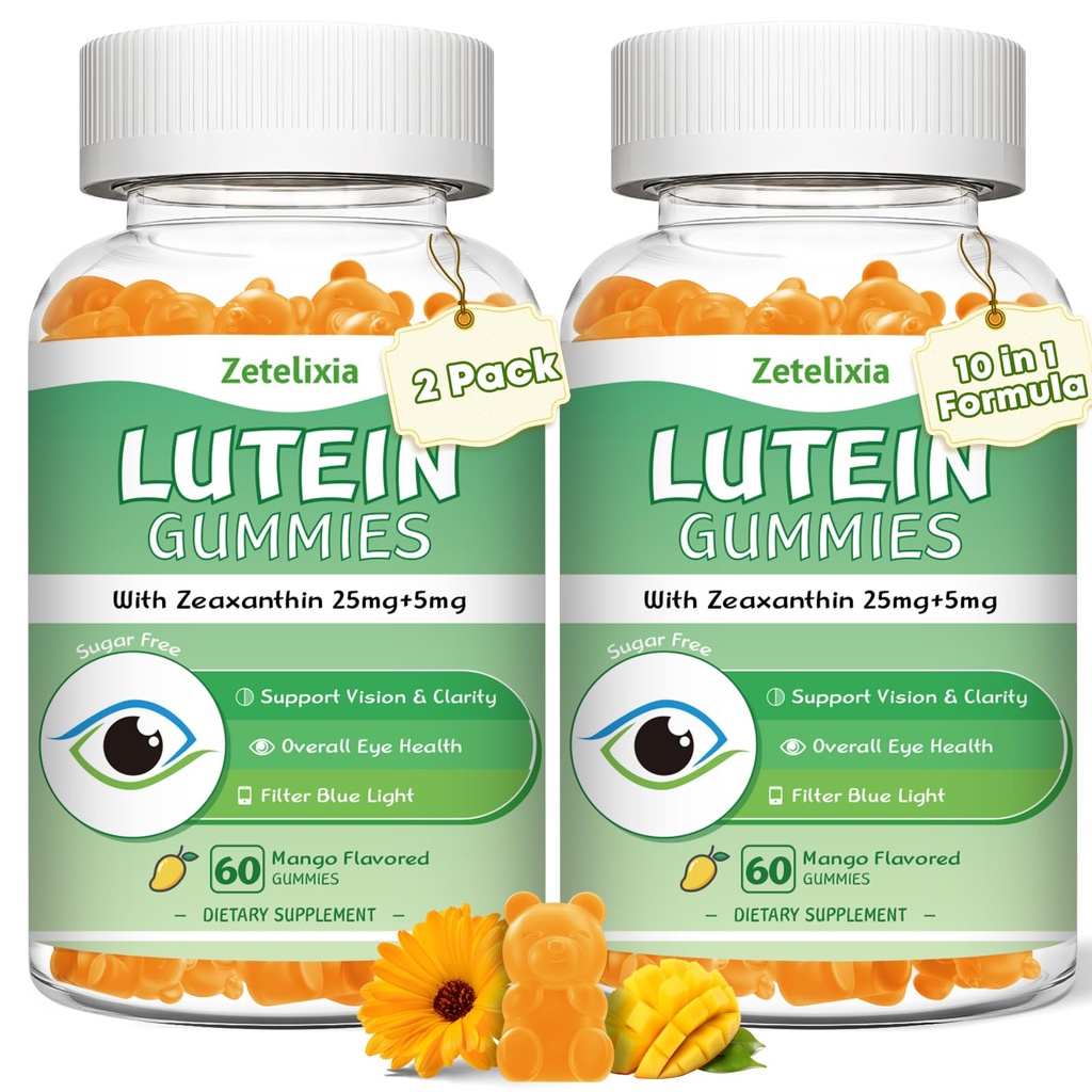2 Pack Lutein Gummies 25mg, Sugar Free Lutein Zeaxanthin Kosttilskud Gummies, Eye Health Supplement for voksne, Eye Vitamin Lutein for Vision og Blue Light Protection, Mango Flavor, 120 Greve