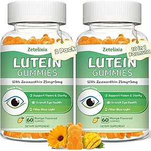 2 Pack Lutein Gummies 25mg, Sugar Free Lutein Zeaxanthin Kosttilskud Gummies, Eye Health Supplement for voksne, Eye Vitamin Lutein for Vision og Blue Light Protection, Mango Flavor, 120 Greve