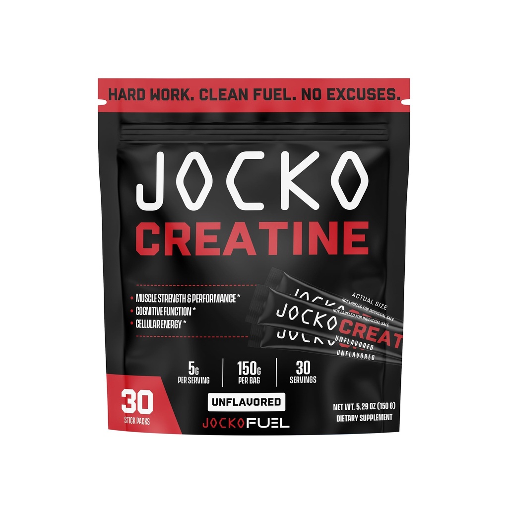 Jocko Fuel Creatin Stick Packs - Creatin Monohydrat Powder Rejsepakker til mænd og kvinder, supplement til atletisk ydeevne & muskelsundhed, 30 Servere 150g (Unflavored)