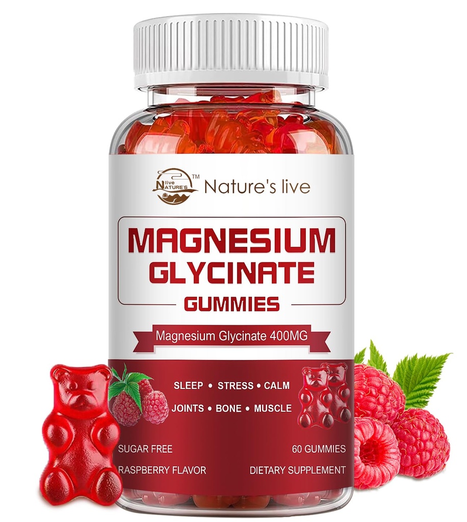 Magnesium Glycinate Gummies, Sugar Free Magnesium Supplement with Magnesium Glycinate 400mg, Magnesium L-Threonate 200mg for Calm Mood, Muscle, Bone & Sleep for Adults, 60 Raspberry Gummies