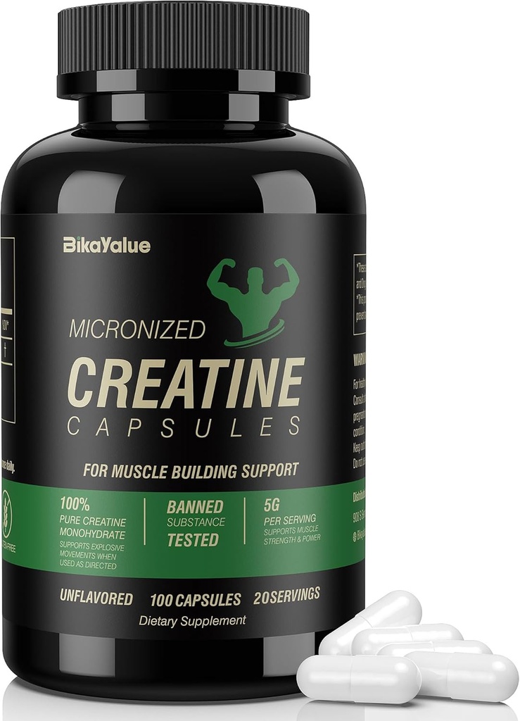 Mikroniseret Creatin monohydrat kapsler, Kreatin kapsler supplement til muskel, styrke, ydeevne, energi, inddrivelse, Gluten Free Creatin for kvinder og mænd, 100Kapsler (20 Servere)
