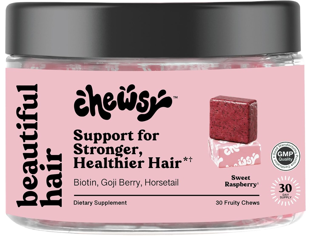 Chewsy - Smukke hår - Støtte til stærkere, sundt hår - med biotin, hestehale ekstrakt, Goji Berry & Vitaminer - Søde Hindbær, 30-dages levering