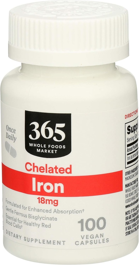 365 af Whole Foods Market, Iron Chelated 18Mg, 100 Veg Kapsler (pakke med 2)