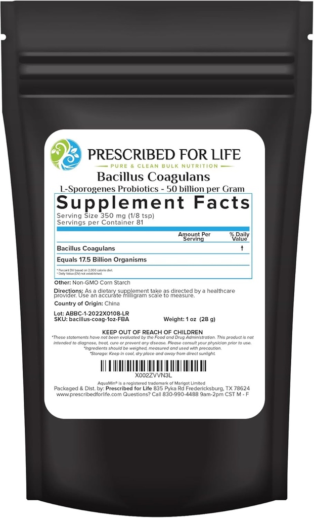 Præskrevet for Life Bacillus Coagulans Powder, Lactobacillus Supplement for Gut Health Support, Temperature and Hylde Stable Probiotika, L. Sporogener (50 Billion / Gram) (1oz / 28g)