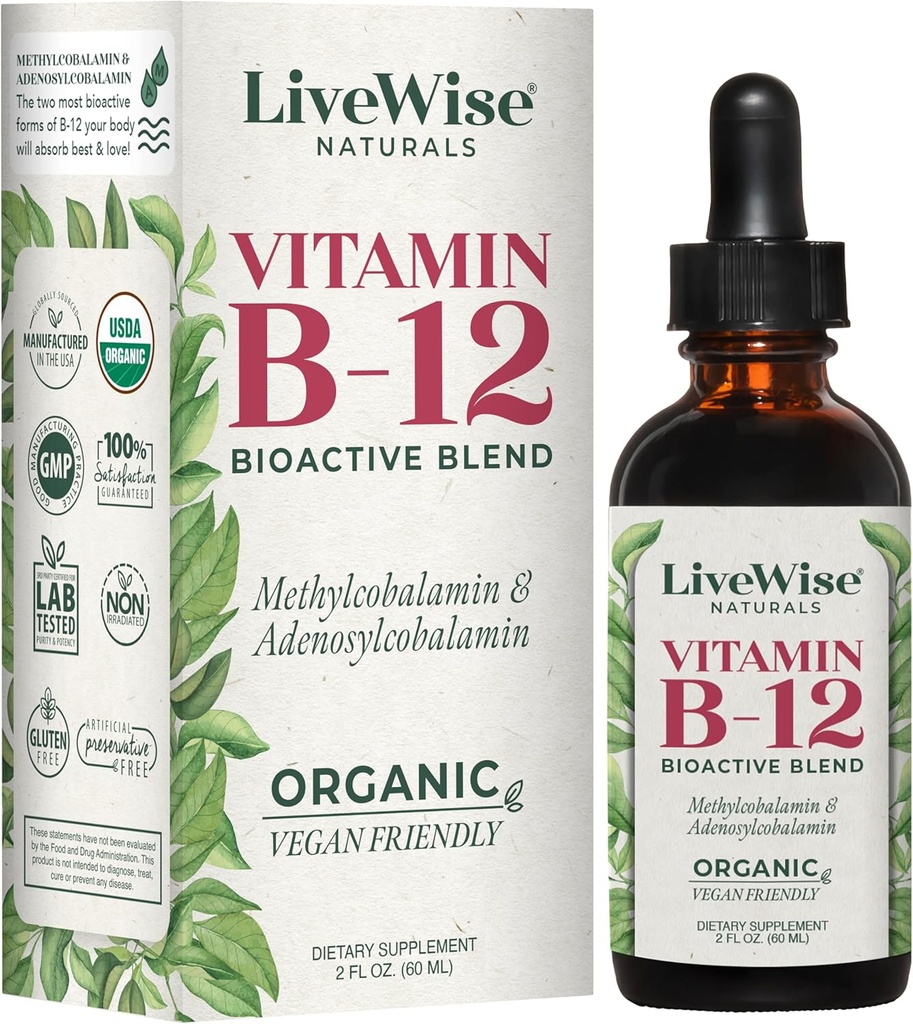 Flydende B12 Vitamin Sublingual - All- Natural Liquid Vitamin Vegan B12 Drops - Non- GMO Adenosylcobalamin Methylcobalamin B12 Supplement - Boost dit immunsystem, Metabolisme, energi og fokus!
