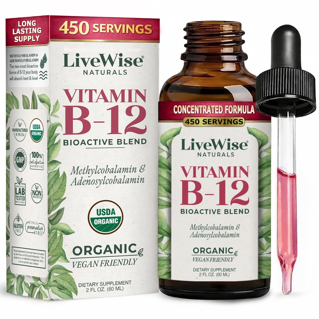 Flydende B12 Vitamin Sublingual - All- Natural Liquid Vitamin Vegan B12 Drops - Non- GMO Adenosylcobalamin Methylcobalamin B12 Supplement - Boost dit immunsystem, Metabolisme, energi og fokus!