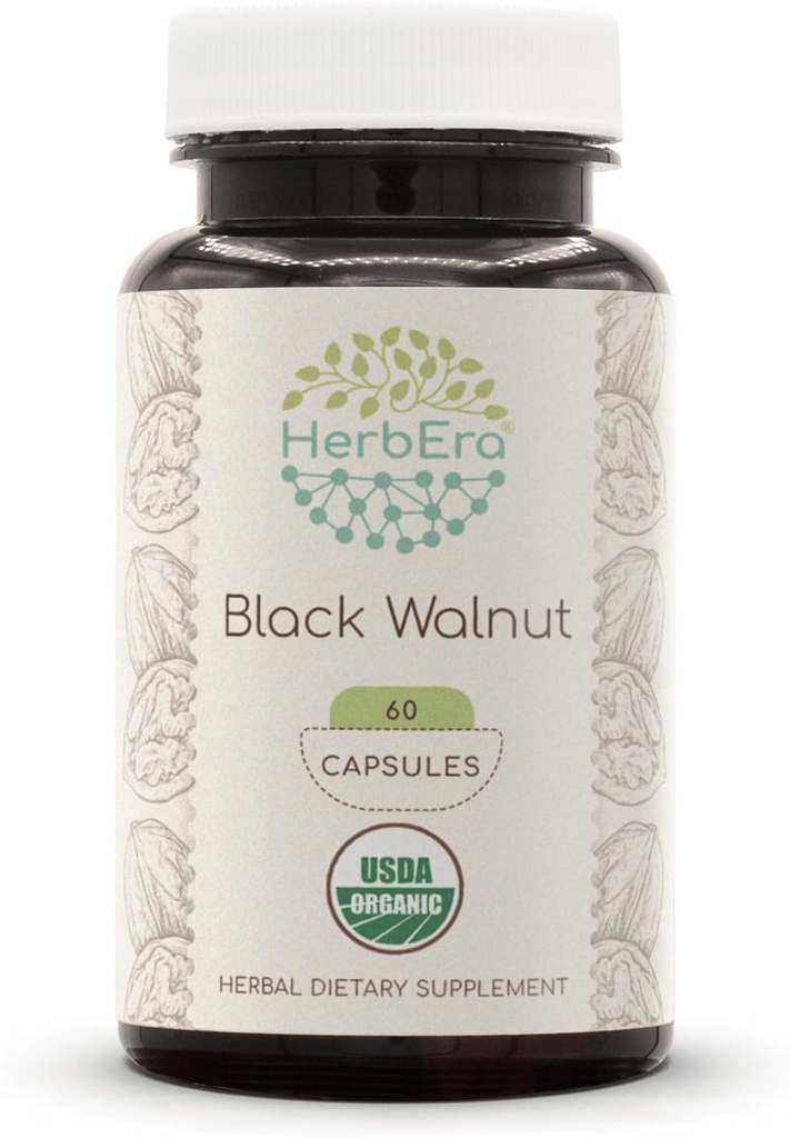 HerbEra Black Walnut USDA Organic 60 Capsules ttesmå 124; Natural Herbal Supplements 124; Certified Organic Vegetary Capsules and Organic Black Walnut (Juglans Nigra) Tørret Hull (60 Capsules)