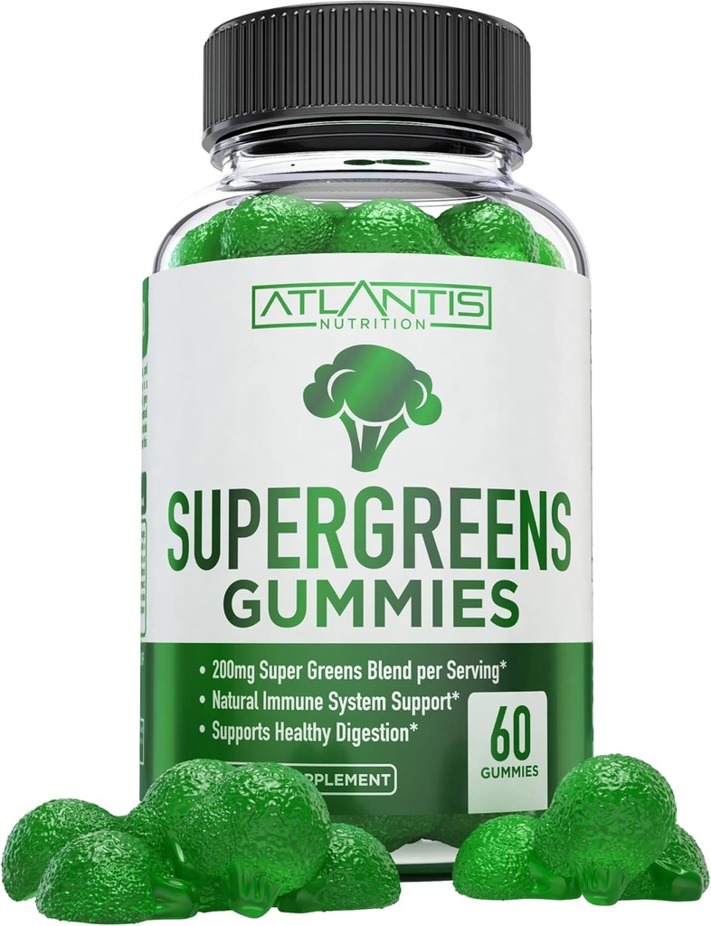 Atlantis Nutrition Supergreens Gummies - Daily Green Superfoods Supplement med Spinach, Broccoli, Moringa, Beet Root, Selleri, Green Tea, & Acai for Immunity Support - Natural Raspberry Flavor, 60 cnt