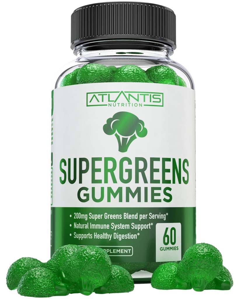 Atlantis Nutrition Supergreens Gummies - Daily Green Superfoods Supplement med Spinach, Broccoli, Moringa, Beet Root, Selleri, Green Tea, & Acai for Immunity Support - Natural Raspberry Flavor, 60 cnt