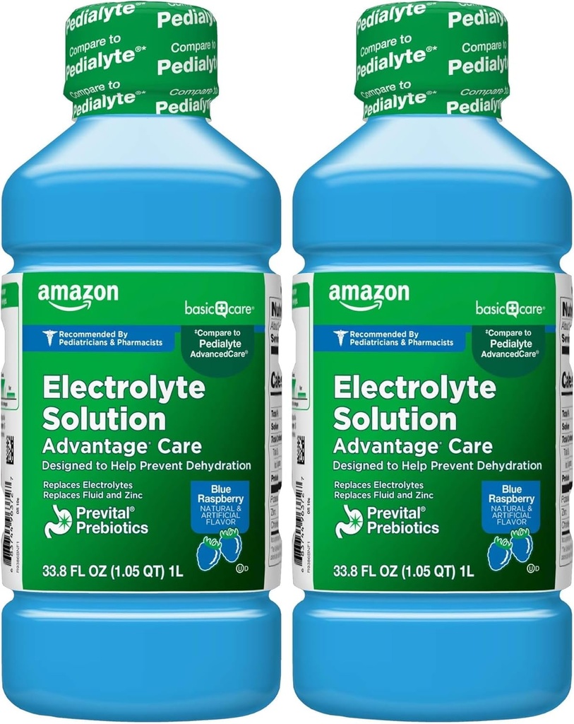 Grundlæggende Care Electrolyte Solution Advantage Care med PreVital Prebiotics, Blå Hindbær, Designet til at hjælpe med at forebygge dehydrering, Erstatter Electrolytes, Fluid og zink, 33.8 fl oz (Pack of 2)