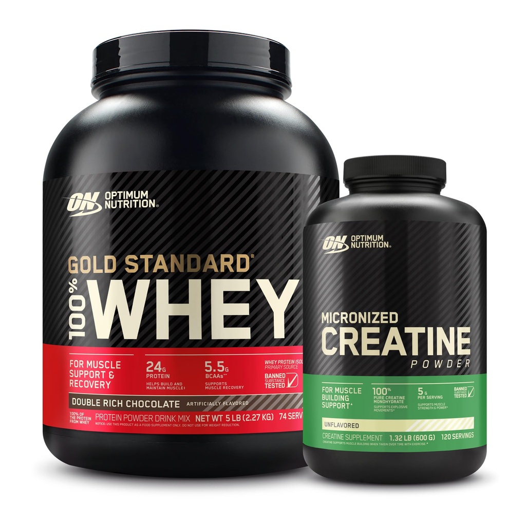 Optimum Nutrition 100% Guld Standard Whey Protein Powder: Dobbelt Rich Chokolade (5 Pund) med Mikroniseret Creatin monohydrat pulver, Unflavored (120 Servere) - Bundle Pack