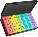 BUG HULL Pill Organizer 3 gange om dagen, Stor Ugentlig Medicin Pill Organizer 3X om dagen, 7 dag Pill Box sager Morgen Noon Aften for Vitamin, Cod- lever olie, Kosttilskud (Rainbow Black)