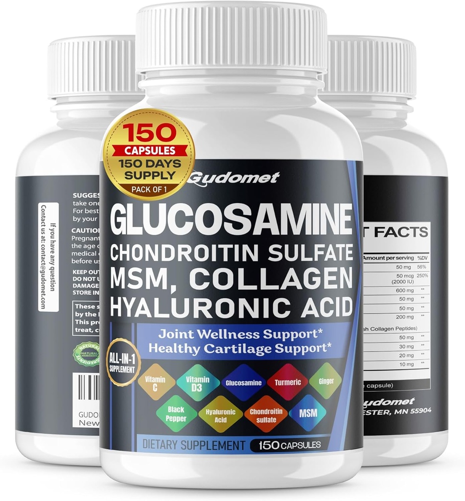 Glucosamin Chondroitin sulfat Methylsulfonylmethan Hyaluronsyre Gurkemeje Ginger C-vitamin, D3, sort peber -150 Capsules - Made in USA