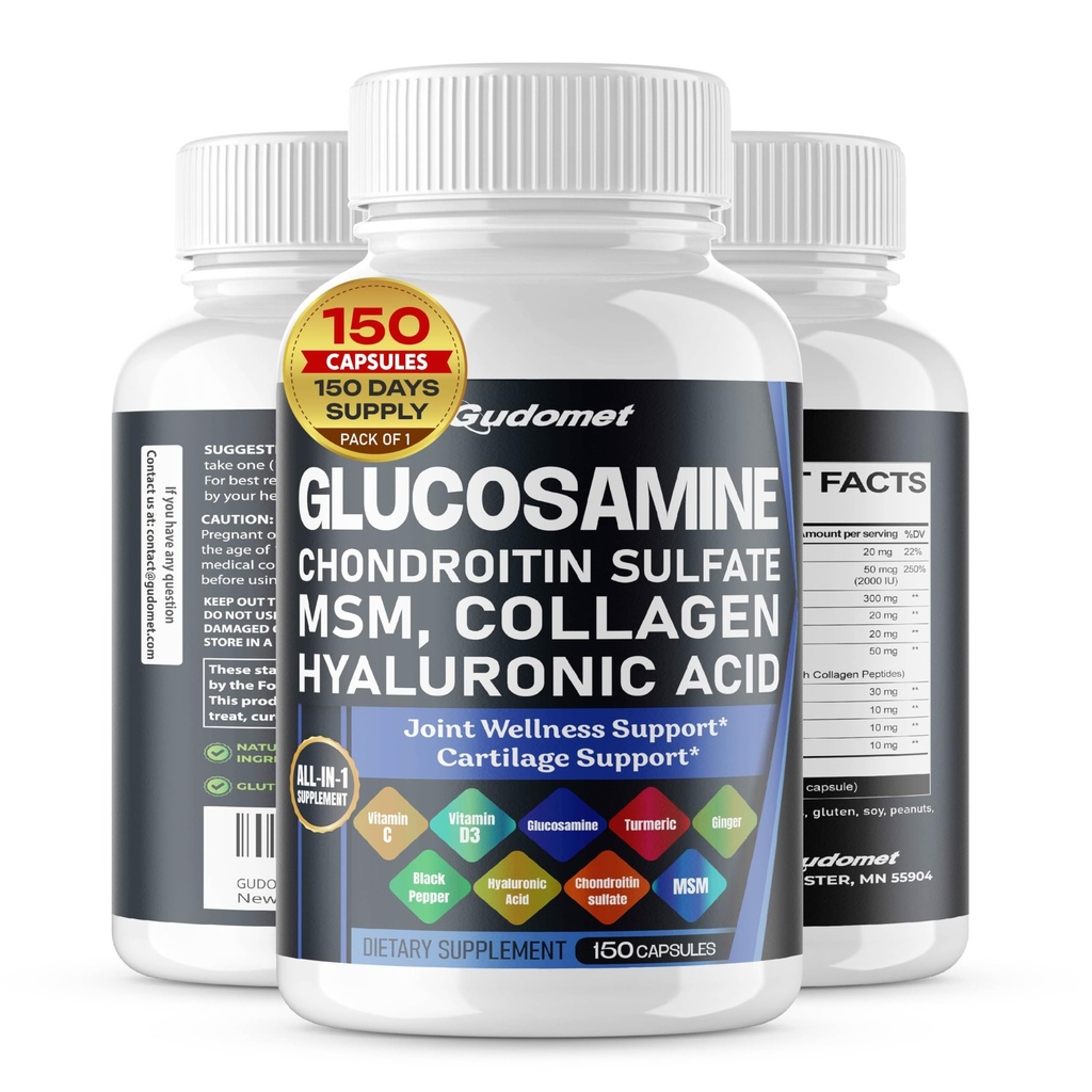 Glucosamin Chondroitin sulfat Methylsulfonylmethan Hyaluronsyre Gurkemeje Ginger C-vitamin, D3, sort peber -150 Capsules - Made in USA