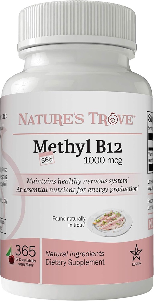 Naturens Trove Vitamin B12 Methylcobalamin 1000 mcg, 365 Greve, B12 Chewable Vitamin, Cherry Flavor