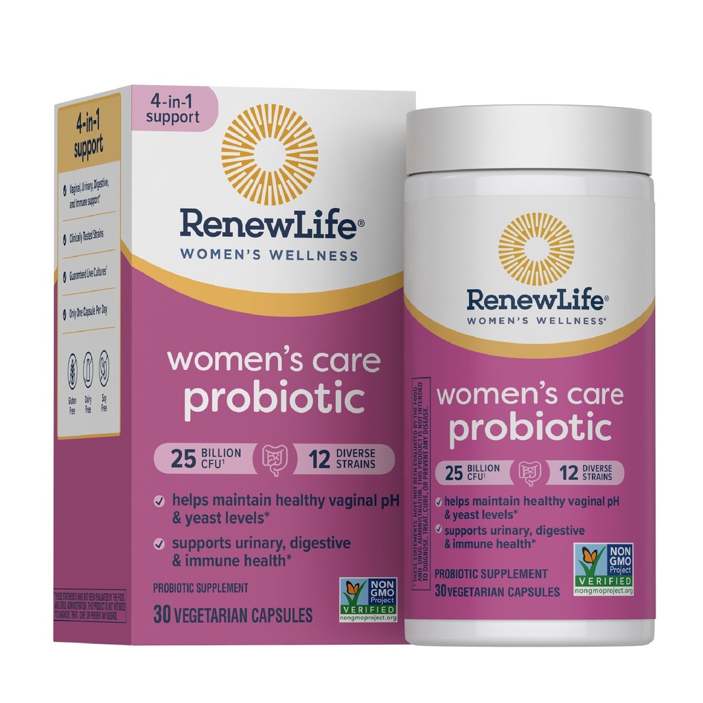Renew Life Women 's Probiotic Capsules, Understøtter pH balance for kvinder, Vaginal, urinveje, fordøjelsessygdomme og immunforsvar, L. Rhamnosus GG, Dairy, Soy og Gluten- Free, 25 milliarder CFU - 30 Ct