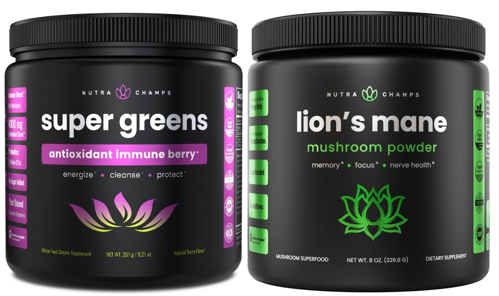 NutraChamps Super Green Antioxidant & Lions Mane Powder. Støtte til fordøjelse, immunitet og tilpasning