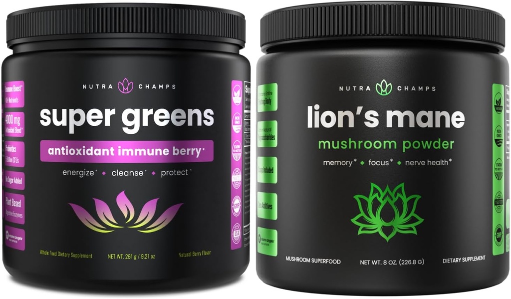 NutraChamps Super Green Antioxidant & Lions Mane Powder. Støtte til fordøjelse, immunitet og tilpasning