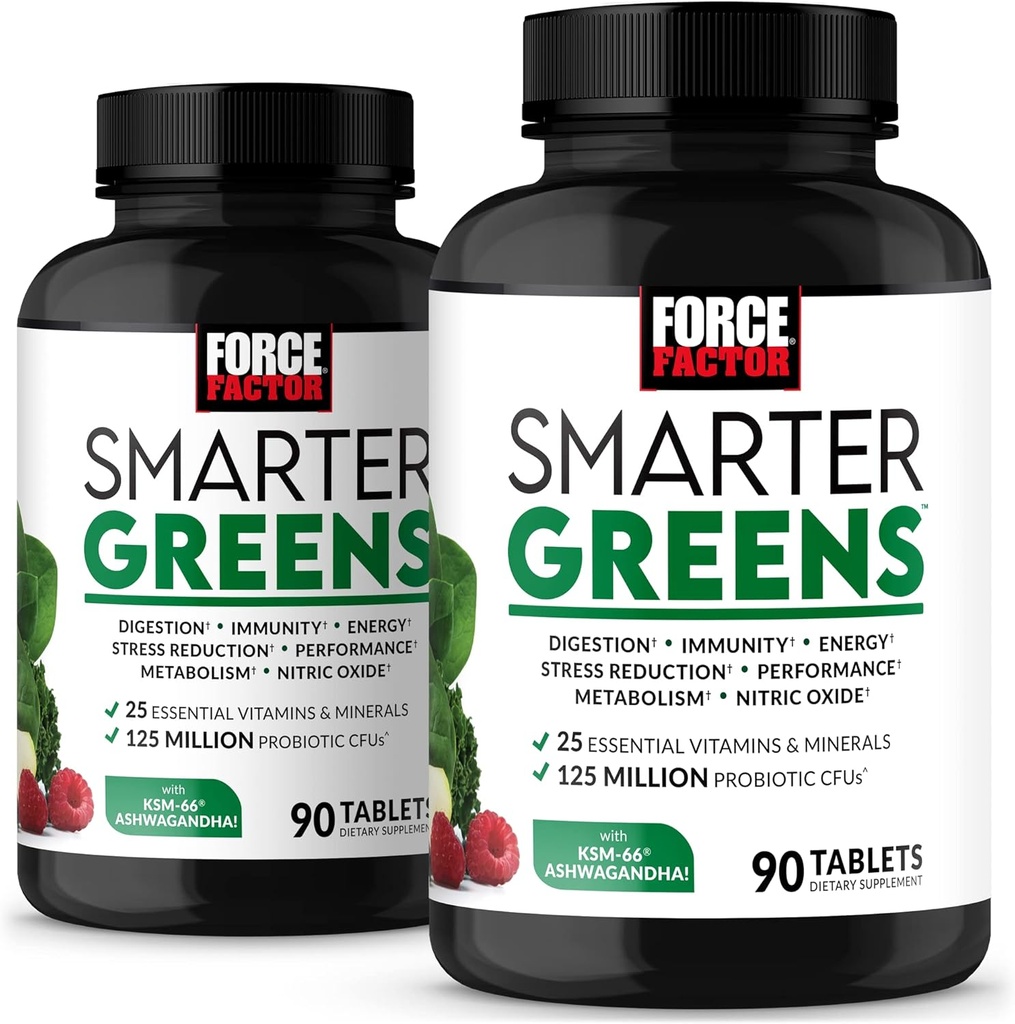 FORCE FACTOR Smartere grønne tabletter, 2- Pack, grønne tillæg med 25 + superfødevarer og antioxidanter til at forbedre fordøjelsen, reducere stress, styrke immunitet, og støtte Metabolisme, 180 tabletter