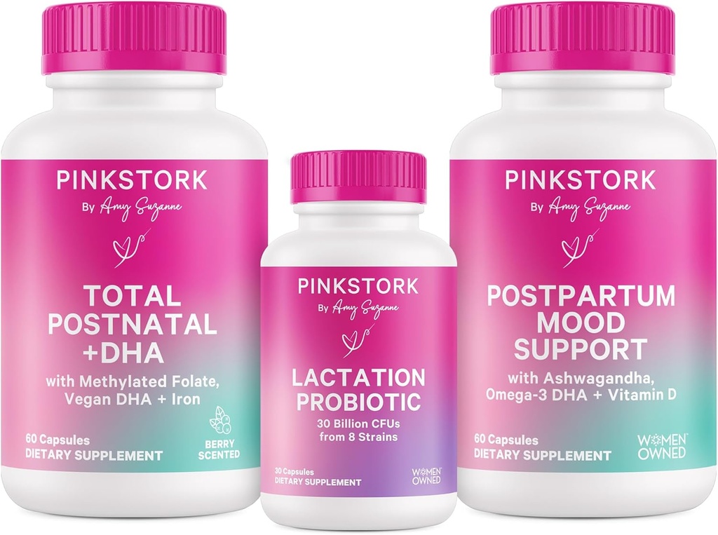 Pink Stork Ny mor fornødenheder Bundle: Postnatal Vitamin med DHA og folinsyre, Amning Probiotika for Brystmælk Supply + immunforsvar, Postpartum Mood + Hormone Support, Postpartum Essentials