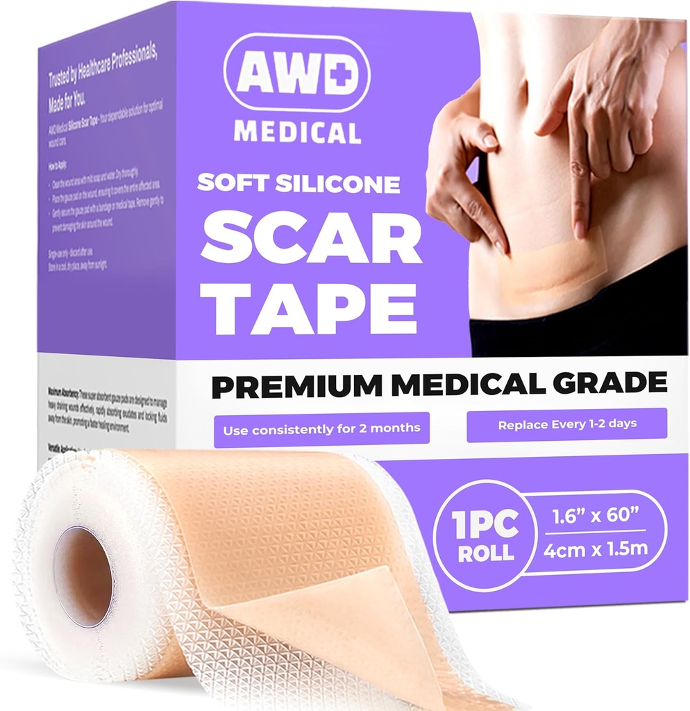 AWD Silicone Scar Sheets for Kirurgiske Scars - Seamless Medical Grade Silicone Scar Tape til C sektion, Tummy Tuck Tape - Silicone Skin Patches Efter Kirurgi skal Haves (1.6 "x 60" Seamless Roll)