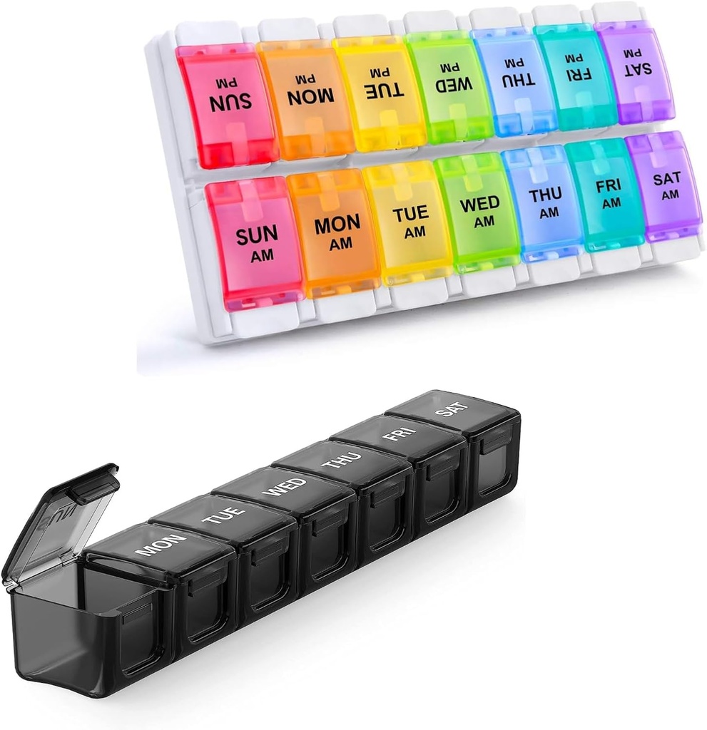 2 Pack Weekly Pill Organizer, Sukuos Large Daily Pill Case 7 Dag for piller / Vitamin / Fish Oil / Kosttilskud, BPA Free Medicine Organizer Box