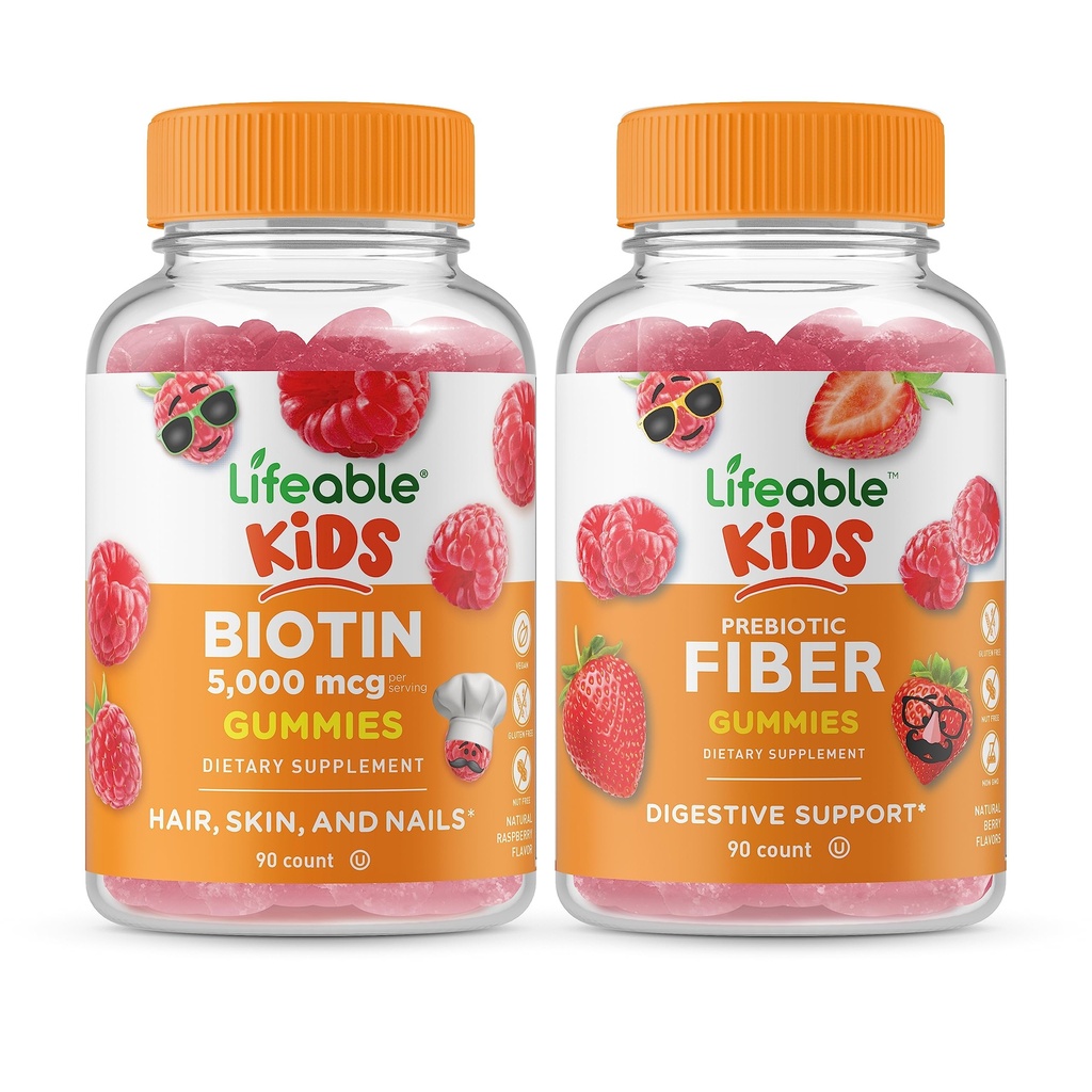 Livbare Biotin Kids + Prebiotic Fiber Kids, Gummies Bundle - Great Tasting, Vitamin Supplement, Gluten Free, GMO fri, Chewable Gummy