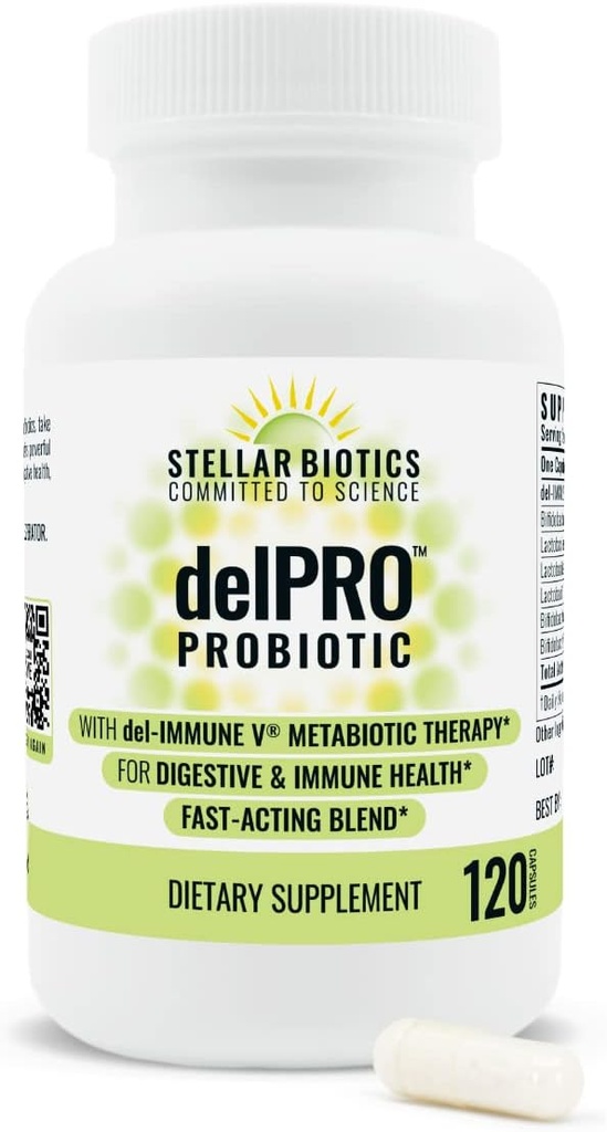 Del- immunV ® + Delpro Probiotic & Prebiotic Blend by Stellar Biotics - fremmer optimal Gut Health, fordøjelse, immunforsvar & Mood (120 kapsler)