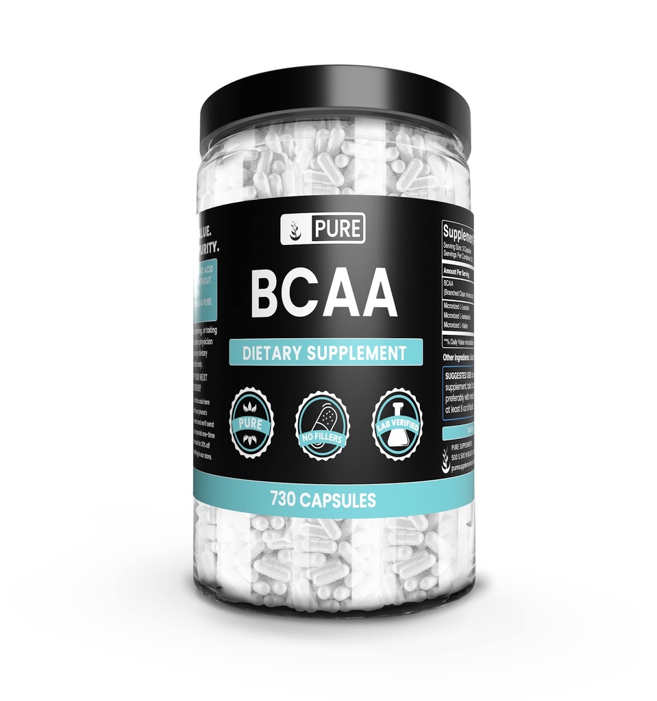 Pure Original Ingredienser BCAA (730 kapsler) Ingen Magnesium eller Rice Fillers, Altid Pure, Lab Verified