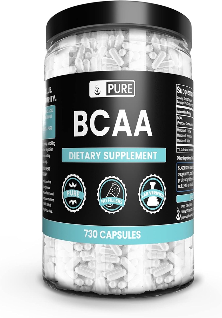 Pure Original Ingredienser BCAA (730 kapsler) Ingen Magnesium eller Rice Fillers, Altid Pure, Lab Verified
