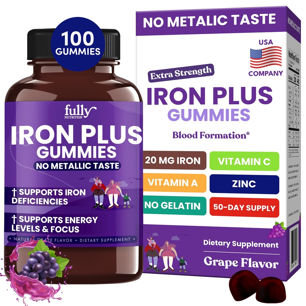 Iron Gummies Kosttilskud til kvinder, mænd og børn - Health Blood & Energy Support for Iron Deficiency, Anæmi, Nej Efter Taste- Fresh Grape Flavor - 100 Gummies (50 dages forsyning)