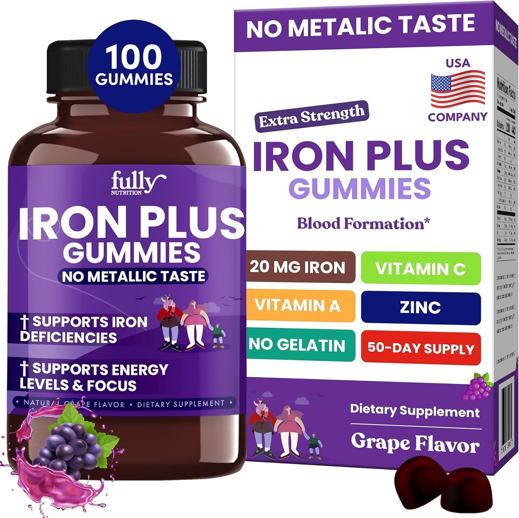 Iron Gummies Kosttilskud til kvinder, mænd og børn - Health Blood & Energy Support for Iron Deficiency, Anæmi, Nej Efter Taste- Fresh Grape Flavor - 100 Gummies (50 dages forsyning)