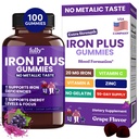 Iron Gummies Kosttilskud til kvinder, mænd og børn - Health Blood & Energy Support for Iron Deficiency, Anæmi, Nej Efter Taste- Fresh Grape Flavor - 100 Gummies (50 dages forsyning)