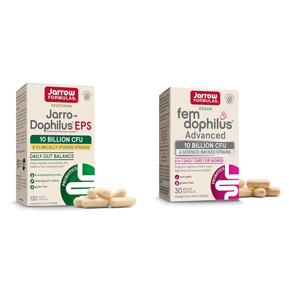 Jarrow Formulas Probiotika Bundle med Jarro- Dophilus EPS 10 Millioner CFU 120 Caps og Fem- Dophilus Advanced 10 Millioner CFU 30 Caps