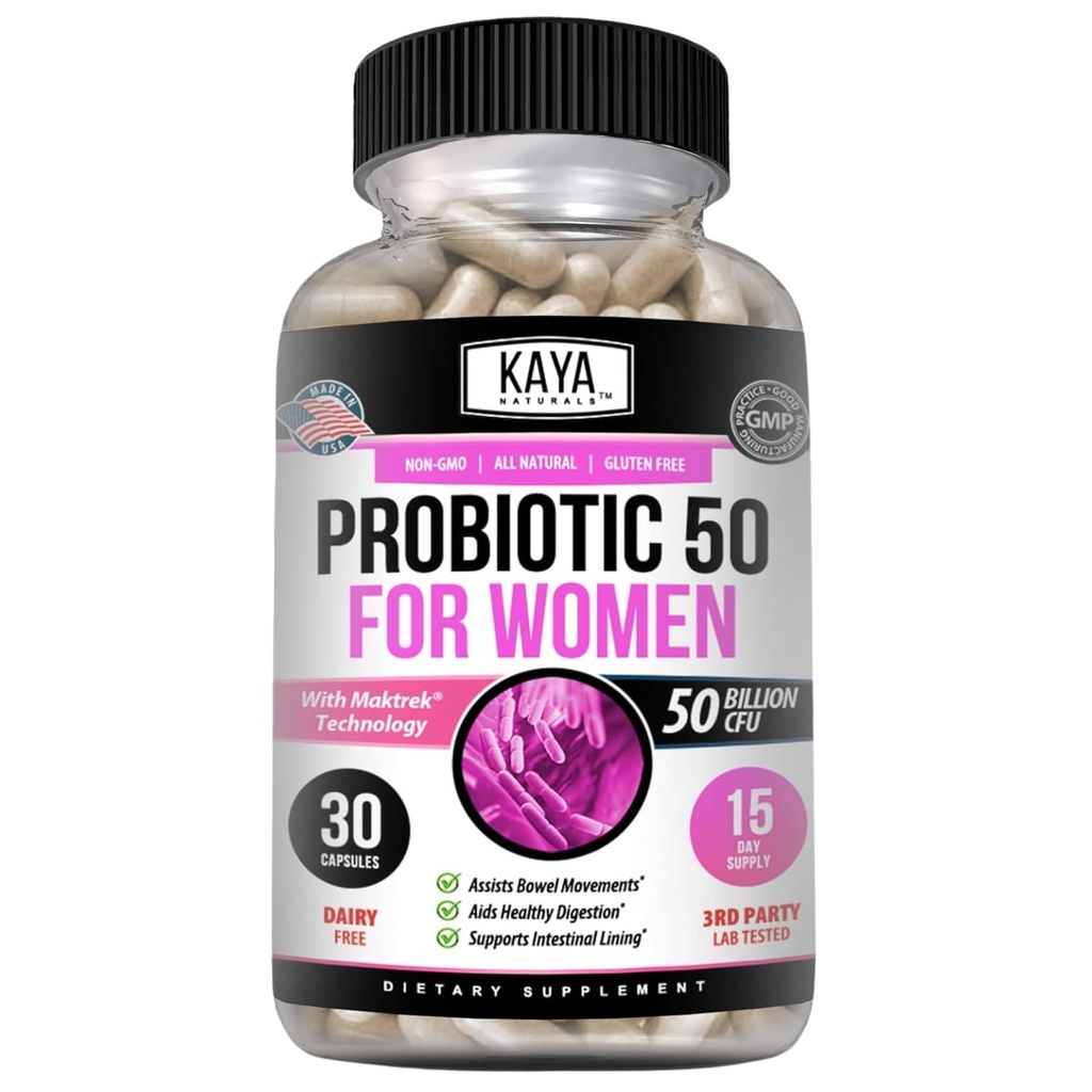 Kaya Naturals Probiotiske 50 Millioner CFU - Probiotika til kvinder, Probiotika til mænd og voksne, Natural - Gut Health & immunsupport Supplement - Giver fordøjelsesstøtte - 30 Vegetabilske kapsler