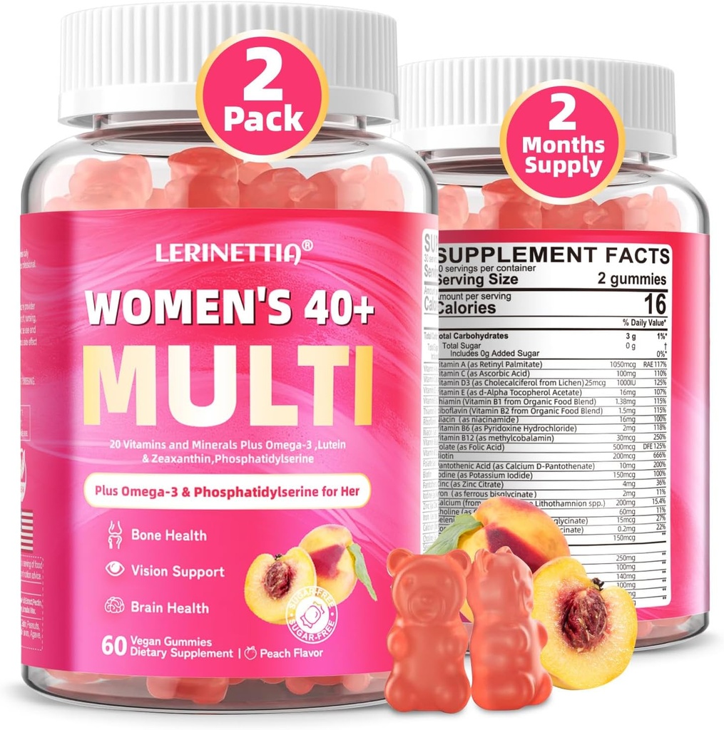 Multivitamin til kvinder Gummies for 40 + med Omega-3, Niacinamid, B- Complex, Lutein, Jern, Cholin, Phosphatidylserin, D3- vitamin til hud, hår, energi, immunforsvar, ben - Vegan, sukkerfri, 120Cts