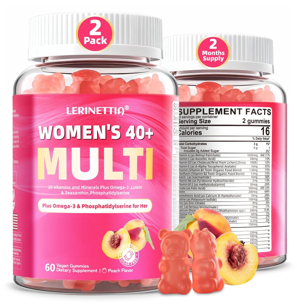 Multivitamin til kvinder Gummies for 40 + med Omega-3, Niacinamid, B- Complex, Lutein, Jern, Cholin, Phosphatidylserin, D3- vitamin til hud, hår, energi, immunforsvar, ben - Vegan, sukkerfri, 120Cts